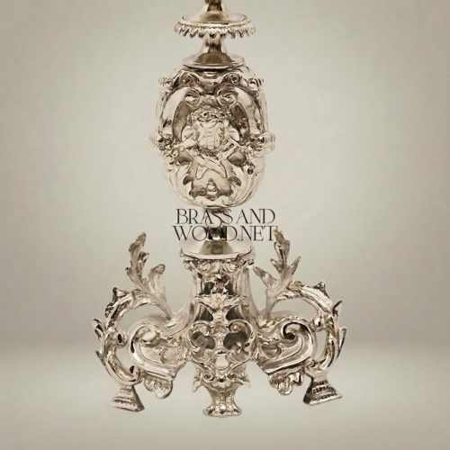 Baroque Handcrafted Brass Table Lamp Lion Medallion Rococo Base Pleated Off-White Shade Brass and Wood Silver Front | Brass & Wood