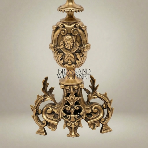 Baroque Handcrafted Brass Table Lamp Lion Medallion Rococo Base Pleated Off-White Shade Brass and Wood Antique Gold Front | Brass & Wood