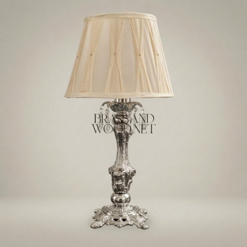 Baroque Ornate Brass Candlestick Table Lamp Pleated Cream Fabric Shade Classical Luxury Silver Front | Brass & Wood