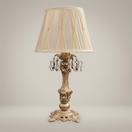 Baroque Ornate Brass Candlestick Table Lamp Pleated Cream Fabric Shade Classical Luxury Antique Gold Front | Brass & Wood