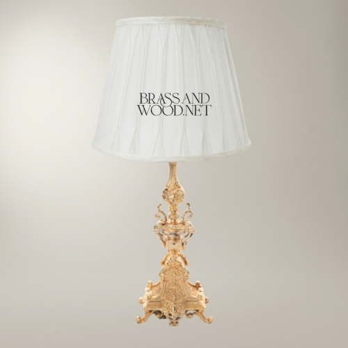 Baroque Handcrafted Brass Table Lamp Ornate Tripod Sculptural Base White Pleated Shade Brass and Wood Gold Front | Brass & Wood