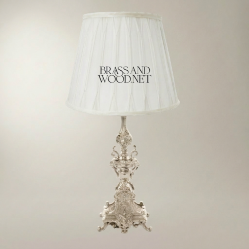 Baroque Handcrafted Brass Table Lamp Ornate Tripod Sculptural Base White Pleated Shade Brass and Wood Silver Front | Brass & Wood
