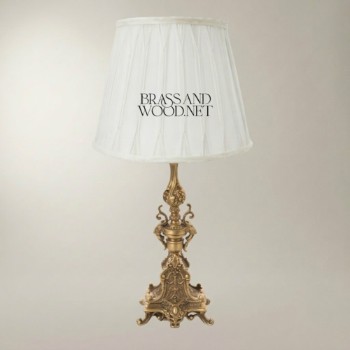 Baroque Handcrafted Brass Table Lamp Ornate Tripod Sculptural Base White Pleated Shade Brass and Wood Antique Gold Front | Brass & Wood