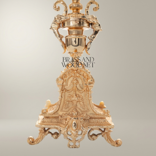 Baroque Handcrafted Brass Table Lamp Ornate Tripod Sculptural Base White Pleated Shade Brass and Wood Gold Front | Brass & Wood