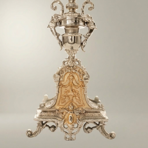 Baroque Handcrafted Brass Table Lamp Ornate Tripod Sculptural Base White Pleated Shade Brass and Wood Silver Front | Brass & Wood