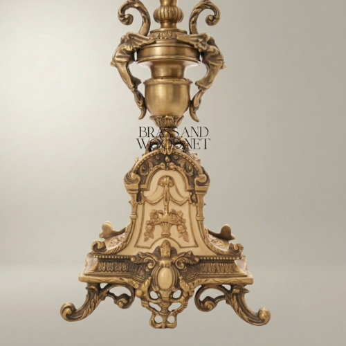 Baroque Handcrafted Brass Table Lamp Ornate Tripod Sculptural Base White Pleated Shade Brass and Wood Antique Gold Front | Brass & Wood