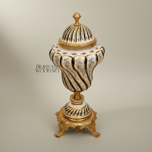 Baroque Spiral-Ribbed Ceramic and Brass Lidded Urn Vase with Hand-Painted Florals on Ornate Footed Base — Brass and Wood Gold Front | Brass & Wood