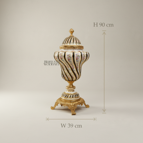 Baroque Spiral-Ribbed Ceramic and Brass Lidded Urn Vase with Hand-Painted Florals on Ornate Footed Base — Brass and Wood Gold Front | Brass & Wood