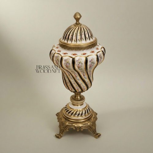 Baroque Spiral-Ribbed Ceramic and Brass Lidded Urn Vase with Hand-Painted Florals on Ornate Footed Base — Brass and Wood Antique Gold Side | Brass & Wood