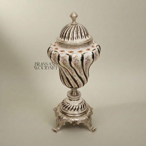 Baroque Spiral-Ribbed Ceramic and Brass Lidded Urn Vase with Hand-Painted Florals on Ornate Footed Base — Brass and Wood Silver Side | Brass & Wood