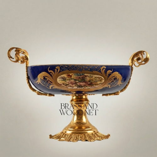 Baroque Ceramic & Brass Pedestal Compote Bowl - Floral Medallion & Scrolled Handles