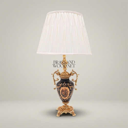 Baroque Handcrafted Navy Blue Ceramic Brass Table Lamp Ornate Scroll Handles White Pleated Shade Gold Front | Brass & Wood