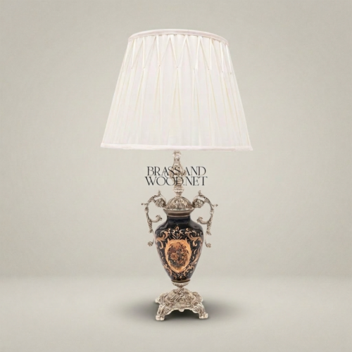 Baroque Handcrafted Navy Blue Ceramic Brass Table Lamp Ornate Scroll Handles White Pleated Shade Silver Front | Brass & Wood