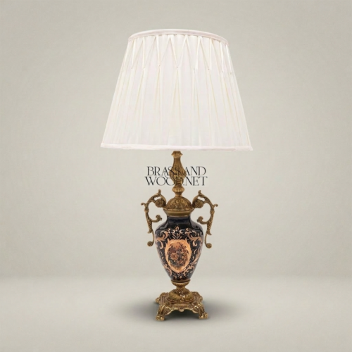 Baroque Handcrafted Navy Blue Ceramic Brass Table Lamp Ornate Scroll Handles White Pleated Shade Antique Gold Front | Brass & Wood