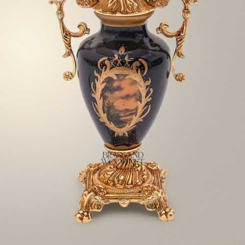 Baroque Handcrafted Navy Blue Ceramic Brass Table Lamp Ornate Scroll Handles White Pleated Shade Gold Front | Brass & Wood