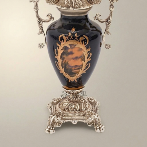 Baroque Handcrafted Navy Blue Ceramic Brass Table Lamp Ornate Scroll Handles White Pleated Shade Silver Front | Brass & Wood