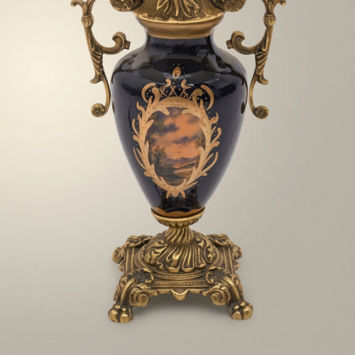 Baroque Handcrafted Navy Blue Ceramic Brass Table Lamp Ornate Scroll Handles White Pleated Shade Antique Gold Front | Brass & Wood