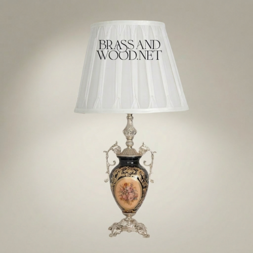 Baroque Ceramic Urn Table Lamp Floral Medallion Black Ornate Brass Stand White Pleated Shade Brass and Wood Silver Front | Brass & Wood