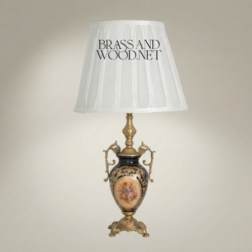 Baroque Ceramic Urn Table Lamp Floral Medallion Black Ornate Brass Stand White Pleated Shade Brass and Wood Antique Gold Front | Brass & Wood