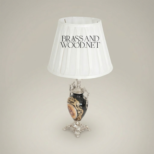 Baroque Ceramic Urn Table Lamp Floral Medallion Black Ornate Brass Stand White Pleated Shade Brass and Wood Silver Front | Brass & Wood