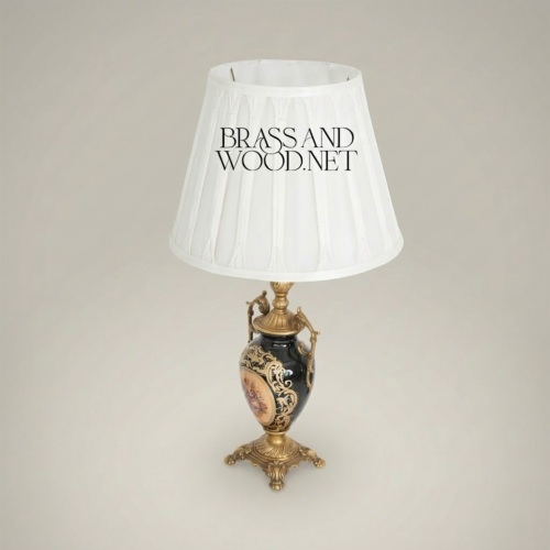 Baroque Ceramic Urn Table Lamp Floral Medallion Black Ornate Brass Stand White Pleated Shade Brass and Wood Antique Gold Front | Brass & Wood