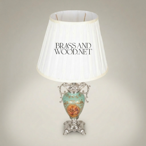 Baroque Hand-Painted Turquoise Ceramic Urn Table Lamp with Ornate Brass Mounts and White Pleated Shade Silver Front | Brass & Wood