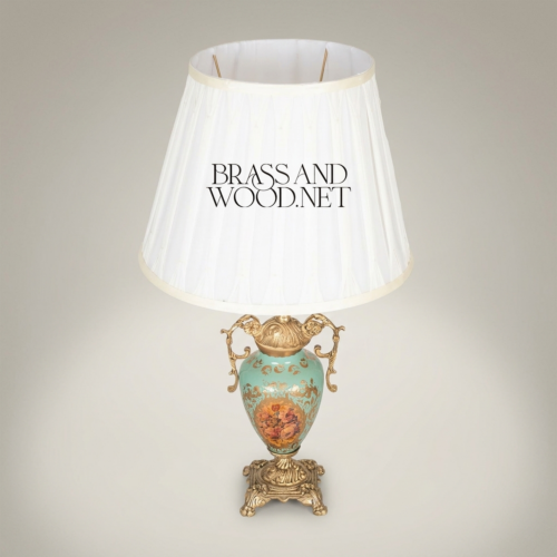 Baroque Hand-Painted Turquoise Ceramic Urn Table Lamp with Ornate Brass Mounts and White Pleated Shade Antique Gold Front | Brass & Wood
