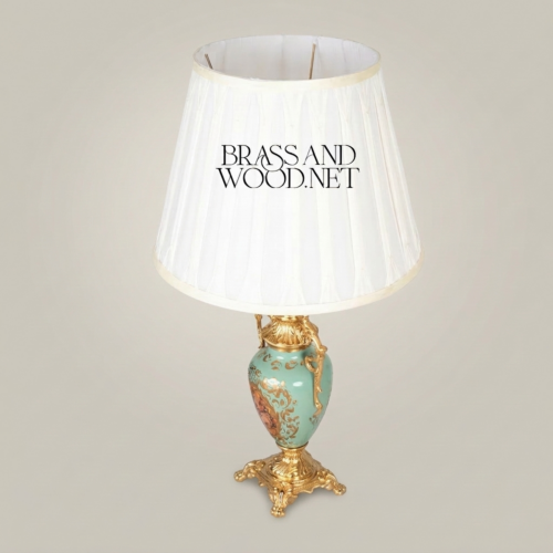 Baroque Hand-Painted Turquoise Ceramic Urn Table Lamp with Ornate Brass Mounts and White Pleated Shade Gold Front | Brass & Wood
