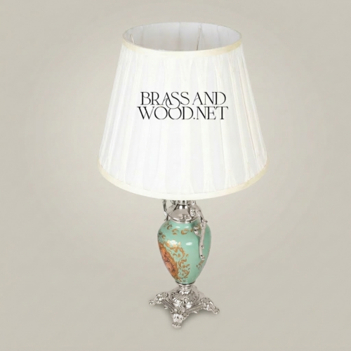 Baroque Hand-Painted Turquoise Ceramic Urn Table Lamp with Ornate Brass Mounts and White Pleated Shade Silver Front | Brass & Wood