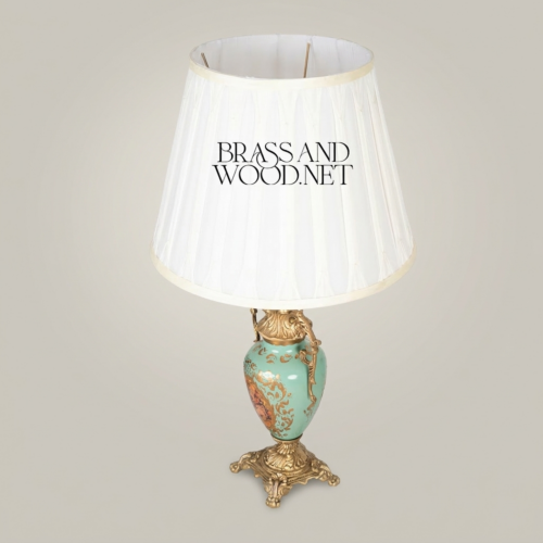 Baroque Hand-Painted Turquoise Ceramic Urn Table Lamp with Ornate Brass Mounts and White Pleated Shade Antique Gold Front | Brass & Wood