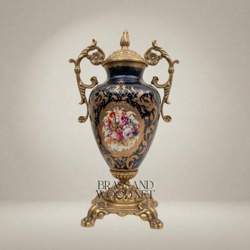 Baroque Cobalt Blue Ceramic Lidded Urn Vase with Gilt Brass Handles Floral Medallion Brass and Wood Antique Gold Front | Brass & Wood