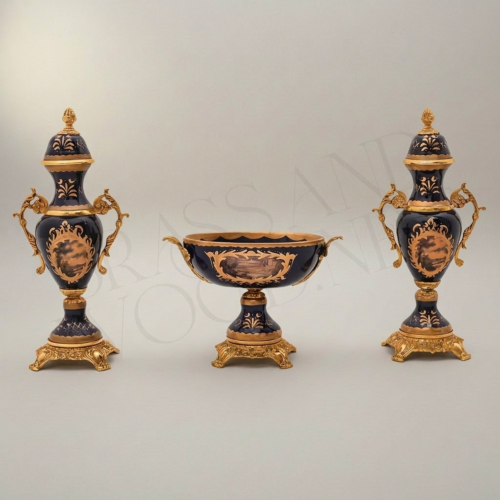 Baroque Cobalt Blue Ceramic and Brass 3-Piece Garniture Set with Lidded Urns and Centrepiece Tazza Gold Detail | Brass & Wood
