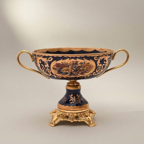 Baroque Cobalt Blue Ceramic and Brass 3-Piece Garniture Set with Lidded Urns and Centrepiece Tazza Gold Detail | Brass & Wood