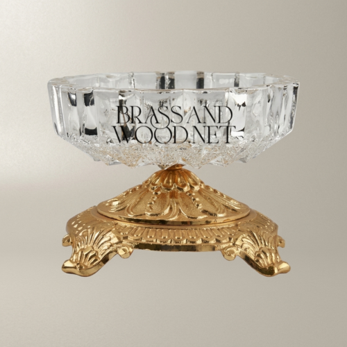 Baroque Cut Crystal Ashtray on Ornate Acanthus Brass Pedestal Base Brass and Wood Gold Front | Brass & Wood