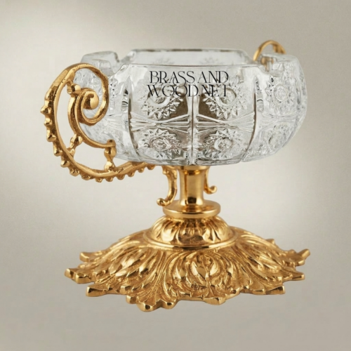 Baroque Handcrafted Crystal Ashtray Ornate Acanthus Brass Pedestal Scroll Handles Gold Front | Brass & Wood