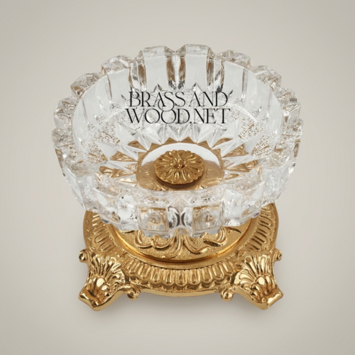 Baroque Cut Crystal Ashtray on Ornate Acanthus Brass Pedestal Base Brass and Wood Gold Front | Brass & Wood