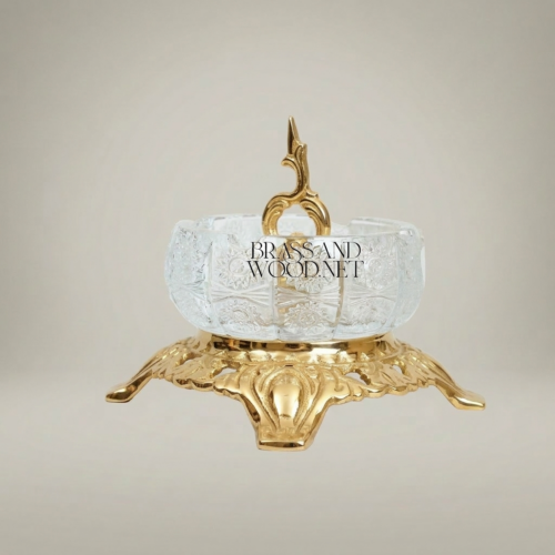 Baroque Crystal Ashtray Ornate Brass Filigree Base Scroll Finial Brass and Wood Gold Front | Brass & Wood