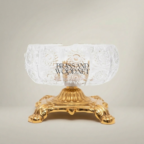 Baroque Hand-Cut Crystal Ashtray on Ornate Brass Footed Stand Gold Front | Brass & Wood