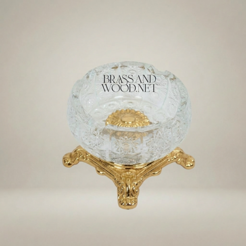 Baroque Hand-Cut Crystal Ashtray on Ornate Brass Footed Stand Gold Front | Brass & Wood