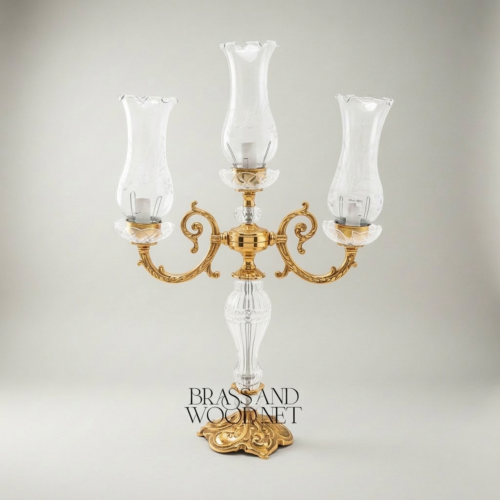 Baroque 3-Arm Crystal Brass Candelabra Table Lamp with Etched Glass Hurricane Shades Ornate Rococo Base Gold Front | Brass & Wood