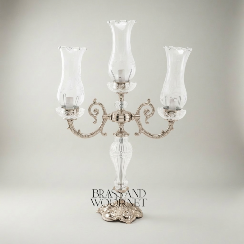 Baroque 3-Arm Crystal Brass Candelabra Table Lamp with Etched Glass Hurricane Shades Ornate Rococo Base Silver Front | Brass & Wood