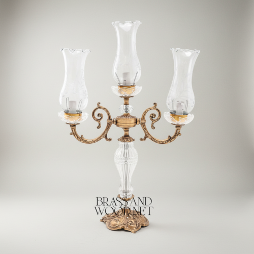 Baroque 3-Arm Crystal Brass Candelabra Table Lamp with Etched Glass Hurricane Shades Ornate Rococo Base Antique Gold Front | Brass & Wood