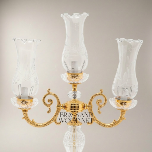 Baroque 3-Arm Crystal Brass Candelabra Table Lamp with Etched Glass Hurricane Shades Ornate Rococo Base Gold Front | Brass & Wood