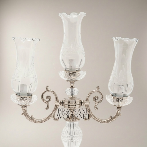 Baroque 3-Arm Crystal Brass Candelabra Table Lamp with Etched Glass Hurricane Shades Ornate Rococo Base Silver Front | Brass & Wood