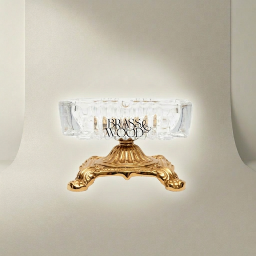 Baroque Crystal Ashtray on Ornate Brass Footed Base Classical European Style Gold Side | Brass & Wood