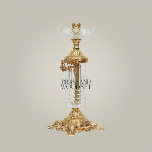 Baroque Crystal & Brass Candlestick with Ornate Scrollwork Base