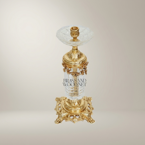 Baroque Crystal & Brass Candlestick with Ornate Scrollwork Base
