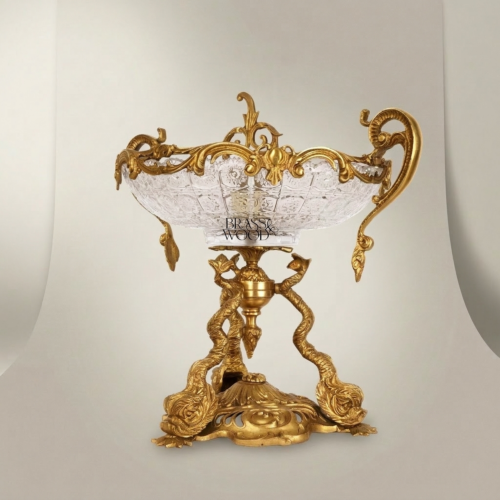 Baroque Handcrafted Crystal Brass Centerpiece Bowl with Ornate Dragon Serpent Pedestal Gold Front | Brass & Wood