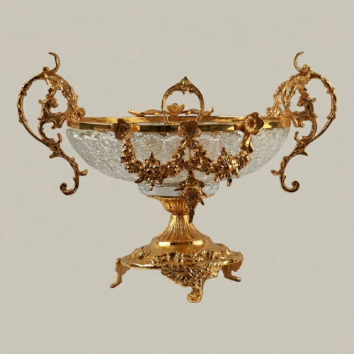 Baroque Crystal Brass Centerpiece Bowl Floral Garland Handles Ornate Pedestal Brass and Wood Gold Front | Brass & Wood