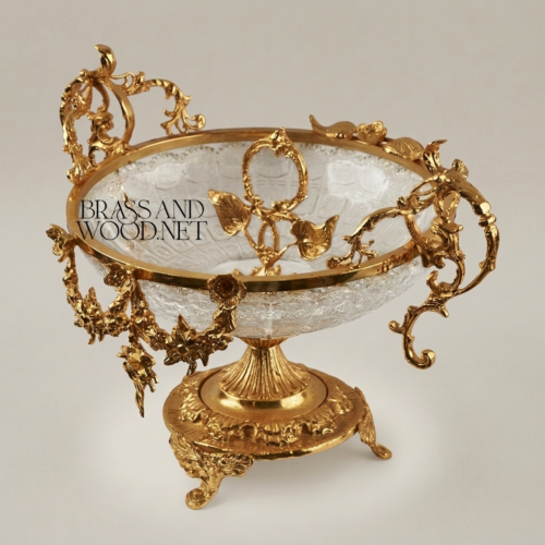 Baroque Crystal Brass Centerpiece Bowl Floral Garland Handles Ornate Pedestal Brass and Wood Gold Front | Brass & Wood